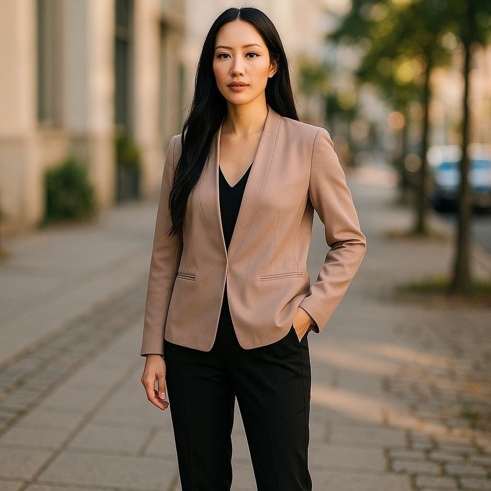 Soft Surroundings Women Medium petite Blazer Open Front Ponte Stretch Jacket Tan
